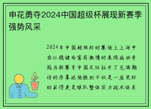 申花勇夺2024中国超级杯展现新赛季强势风采