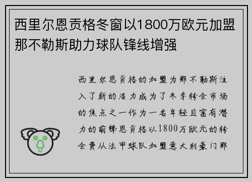 西里尔恩贡格冬窗以1800万欧元加盟那不勒斯助力球队锋线增强 西里尔恩贡格冬窗以1800万欧元加盟那不勒斯助力球队锋线增强